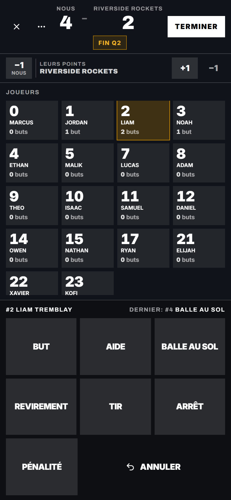 Stats en direct, crosse, sur un téléphone