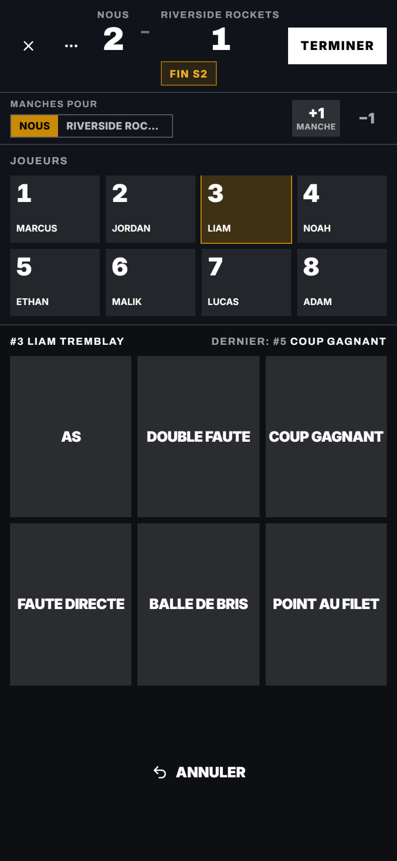 Stats en direct, tennis, sur un téléphone